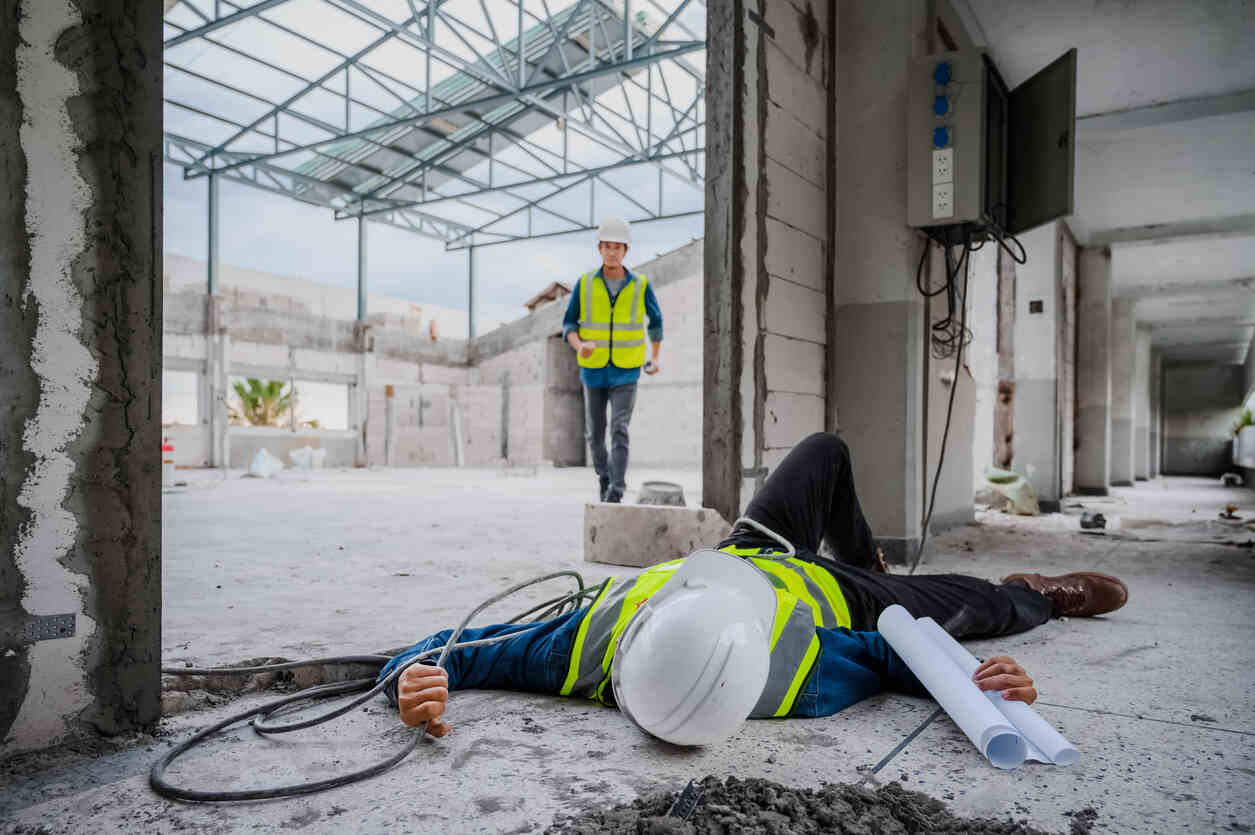 Construction site accident scene with a fallen worker in safety gear, highlighting personal injury and workers' compensation issues in California