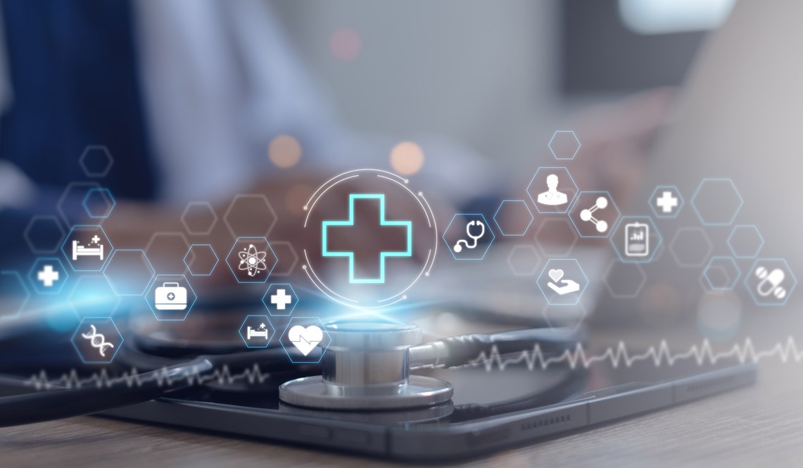 Digital healthcare concept with holographic medical icons and a stethoscope, illustrating California’s Qualified Medical Evaluator process for injured workers.